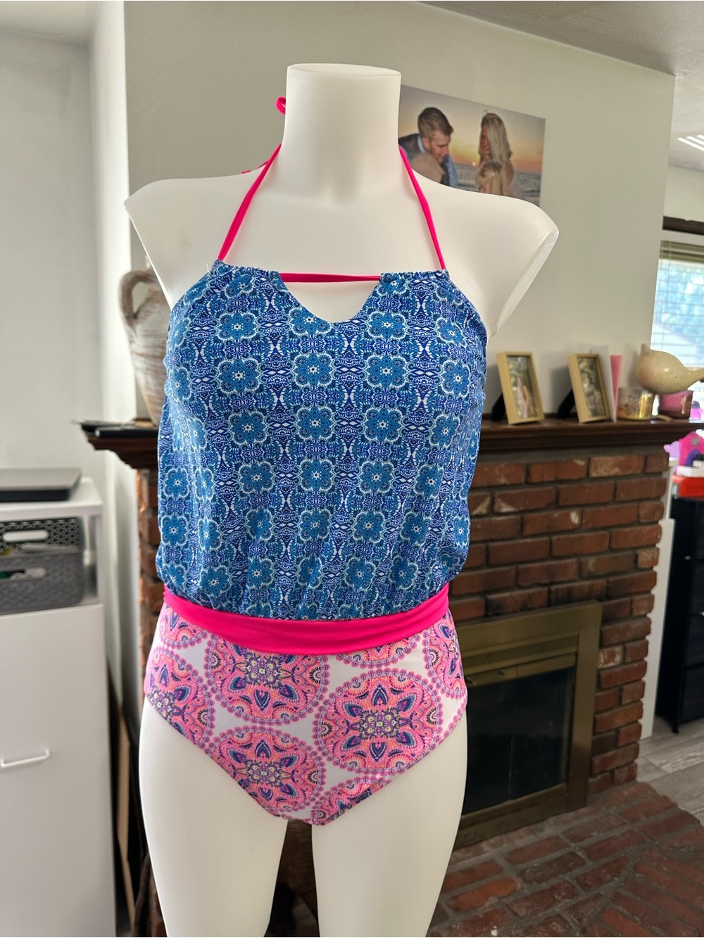 Blue and Pink One-Piece Swimsuit with Hot Pink Trim -small